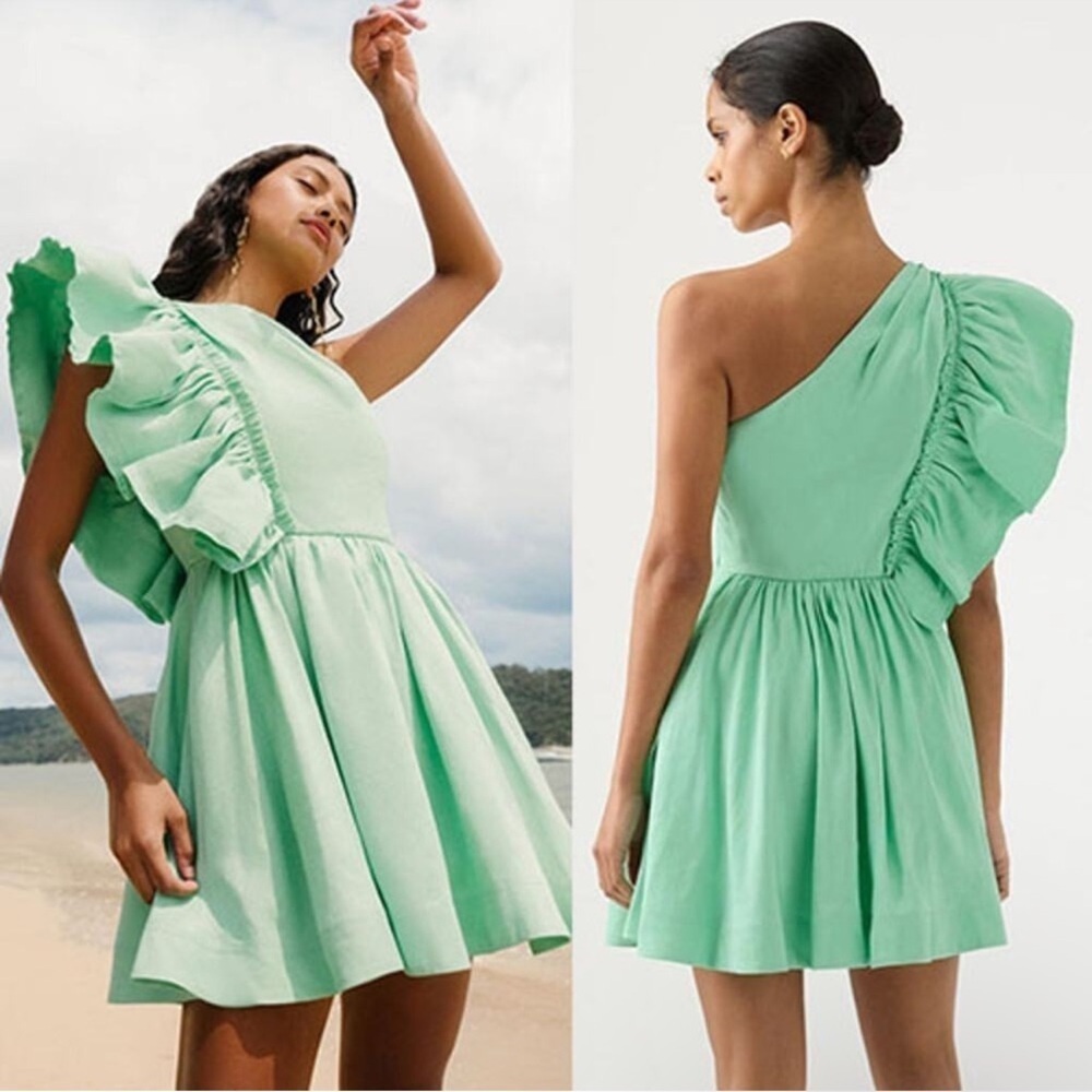 Aje Bonjour Asymmetric One Shoulder Mini Dress Marine Green